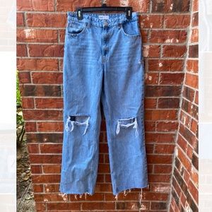 Zara Womens 8 High Waist Distressed Straight Leg Jeans Raw Hem